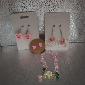 Pink and White Kids Earrings and Bracelet Set